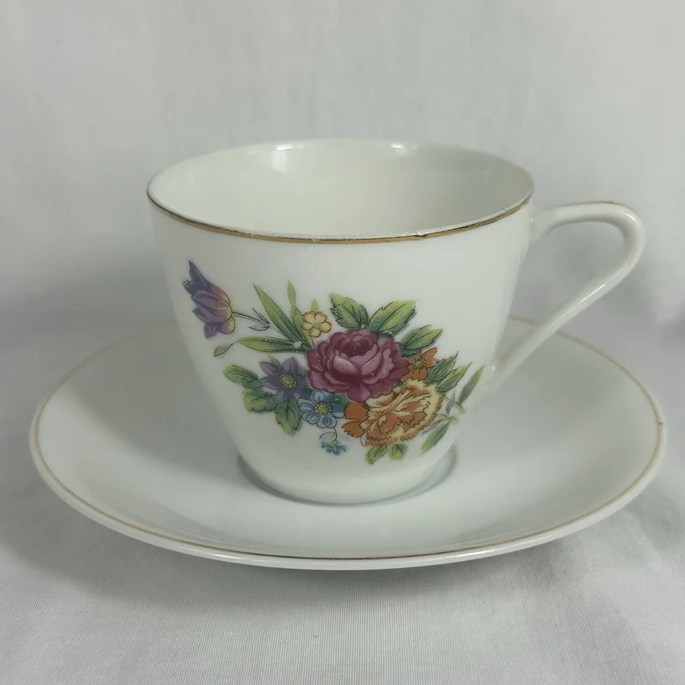 Vintage Floral Teacup‎ Saucer Set Gold Trim Multi-Color Rose Grandmillennial